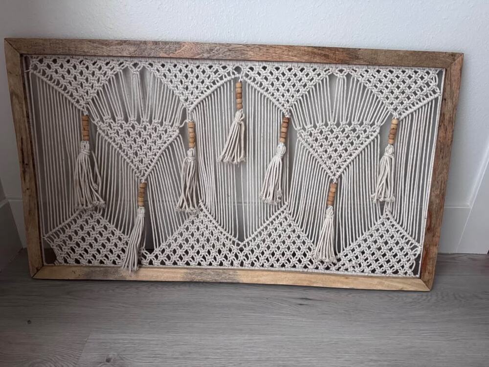 36.25” x 20.5” Large White Wood Framed Macrame Boho Wall Art Decor